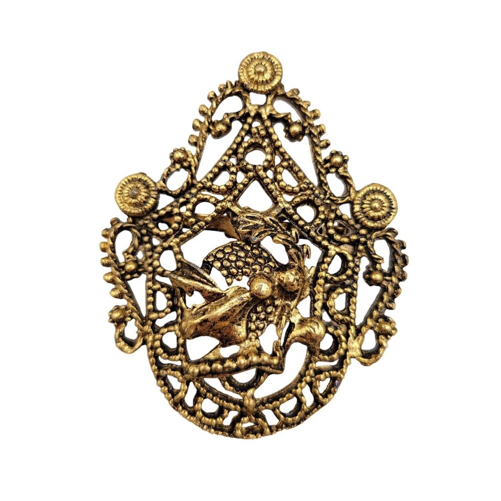 Medieval Style Knights Head Laurel Branch Brooch Gold Tone Safety Closure